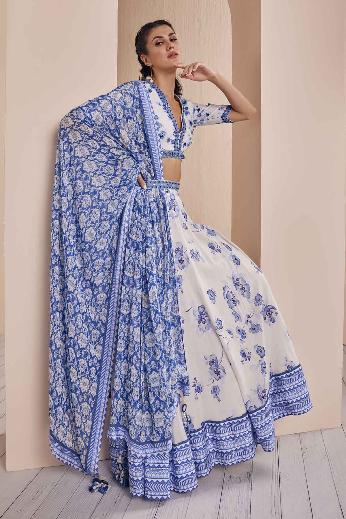 Buy Blue Chanderi Floral Print Lehenga Set by Mandira Wirk